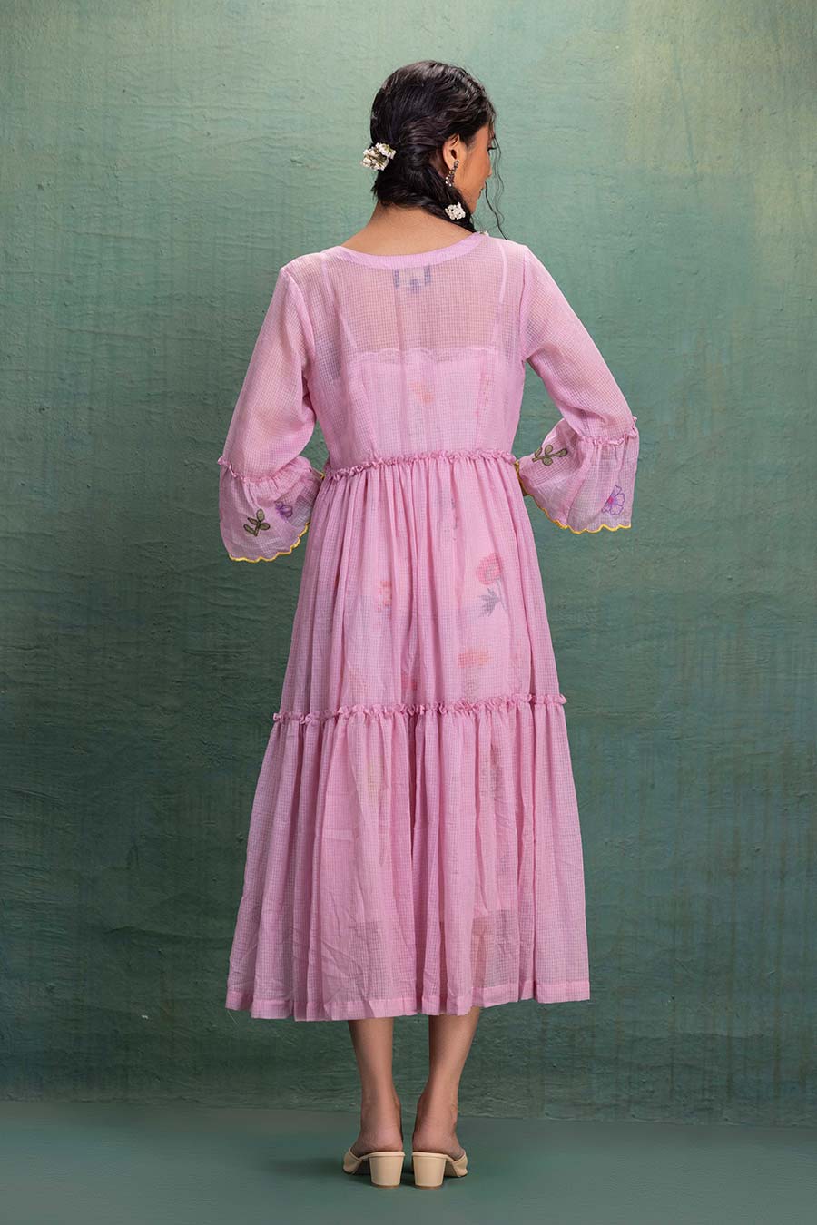Pink Cotton Embroidered Tiered Dress