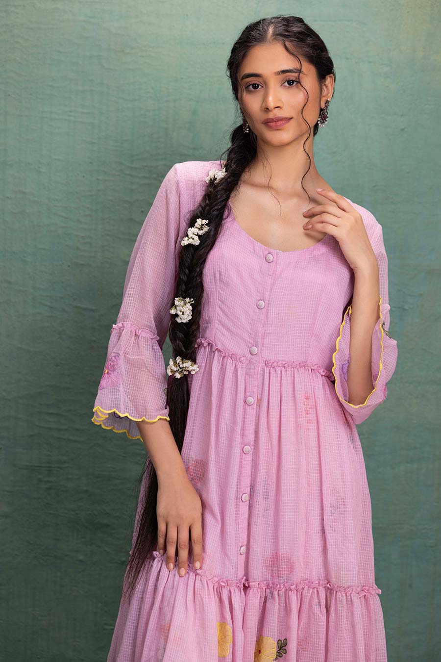 Pink Cotton Embroidered Tiered Dress