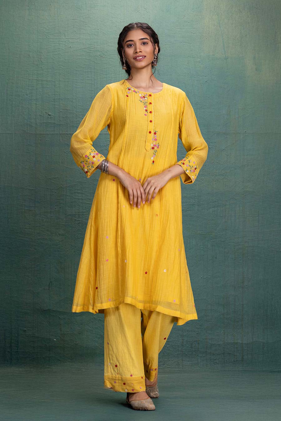 Yellow Chanderi Embroidered Kurta & Pant Set