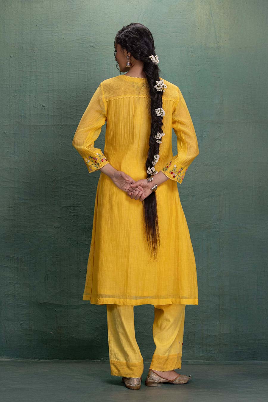 Yellow Chanderi Embroidered Kurta & Pant Set