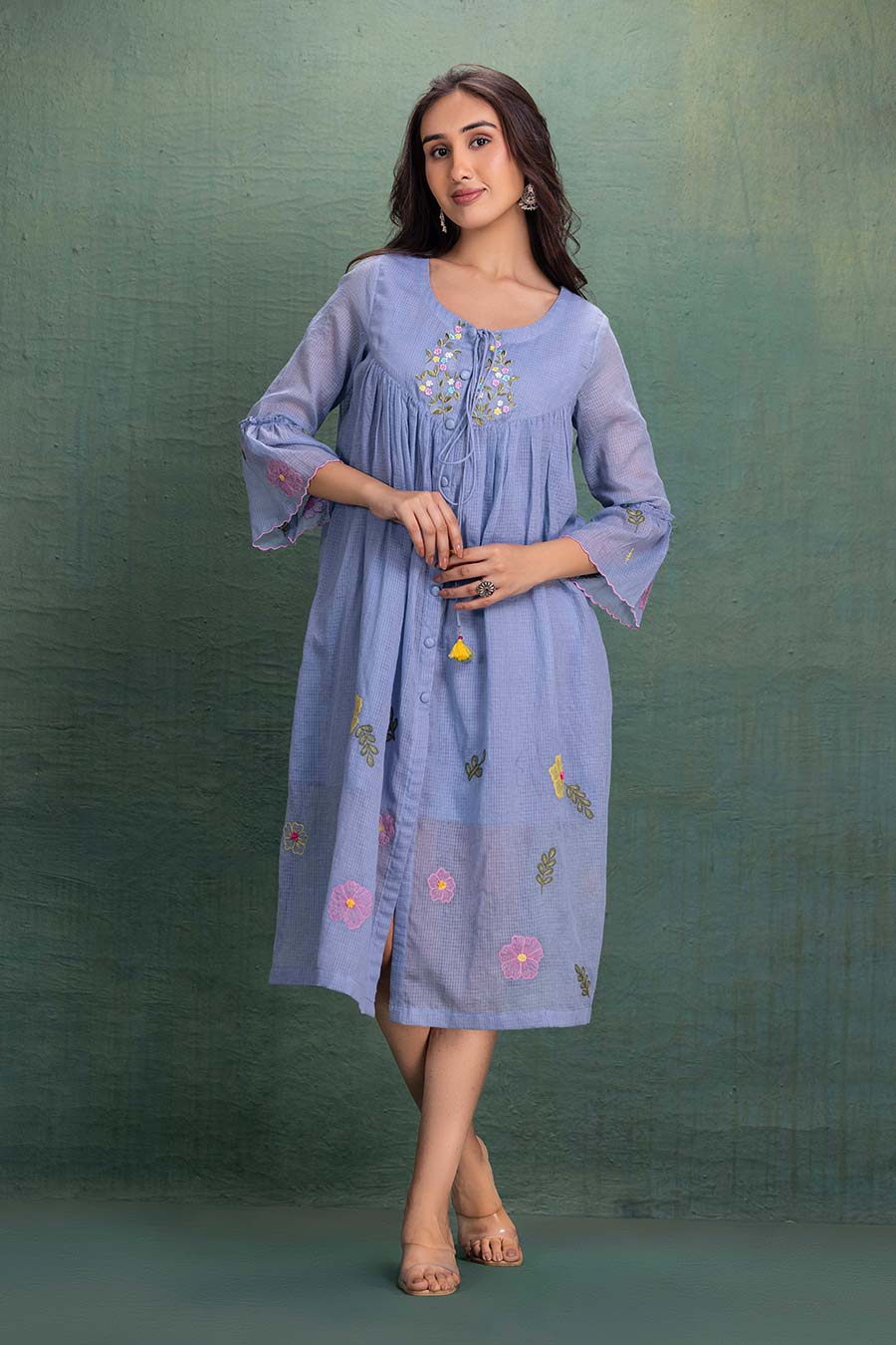 Blue Cotton Embroidered Gathered Dress