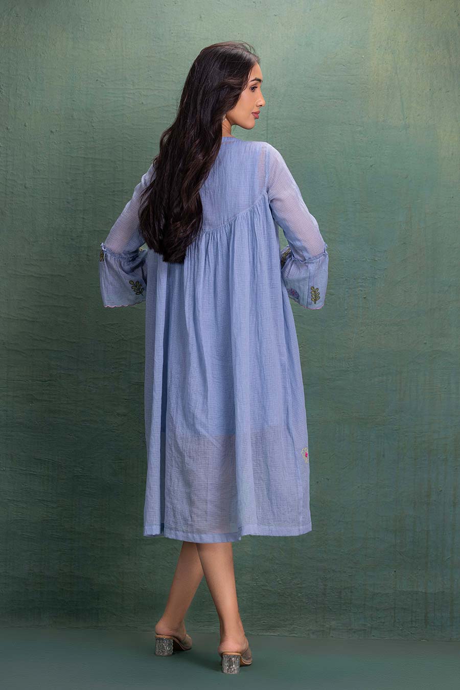 Blue Cotton Embroidered Gathered Dress