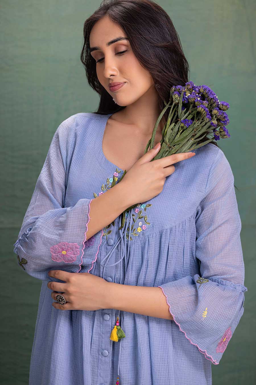 Blue Cotton Embroidered Gathered Dress