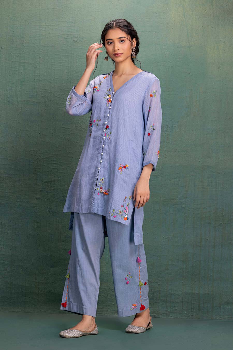 Blue Cotton Embroidered Co-Ord Set