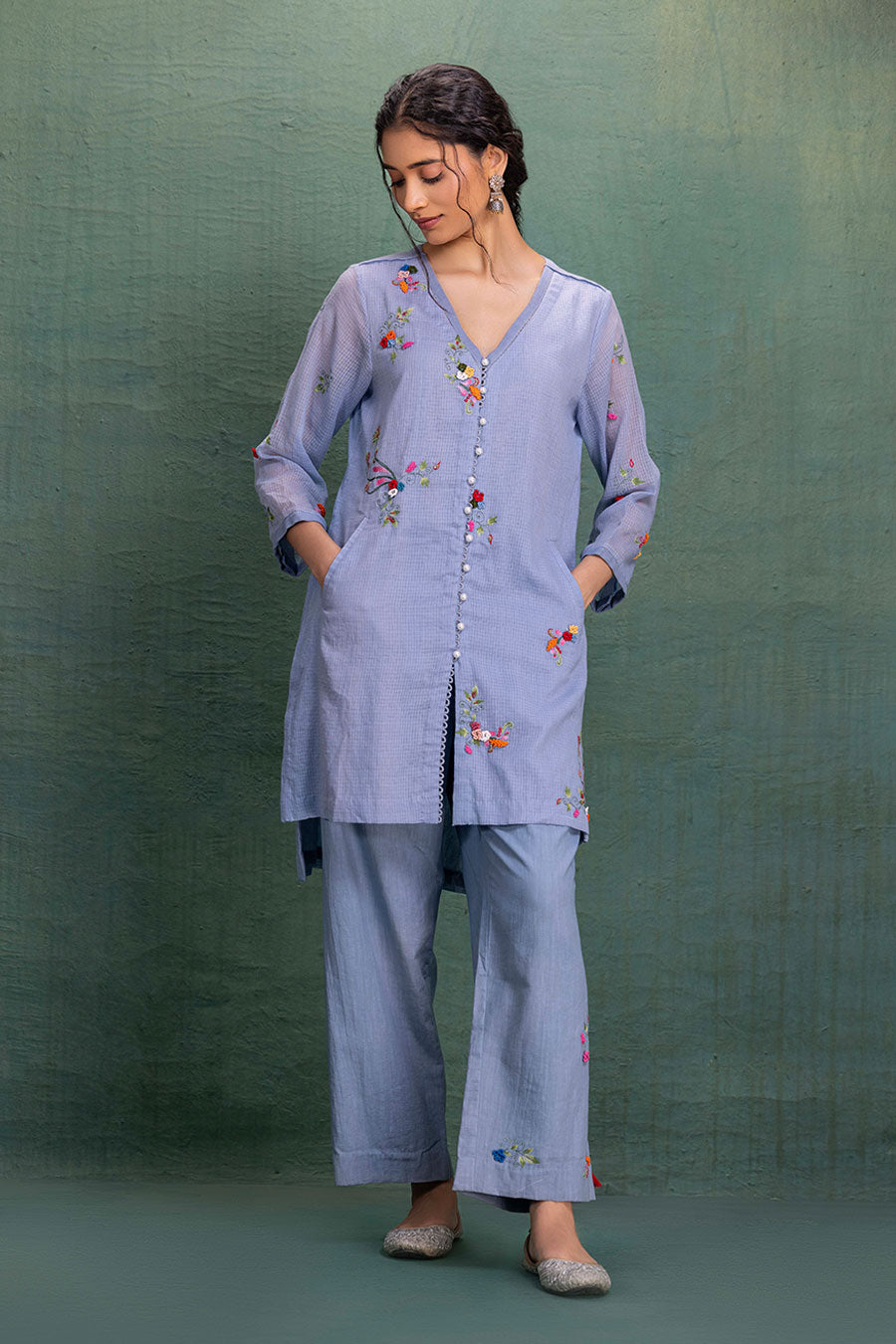 Blue Cotton Embroidered Co-Ord Set