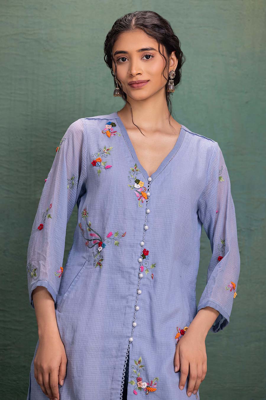 Blue Cotton Embroidered Co-Ord Set