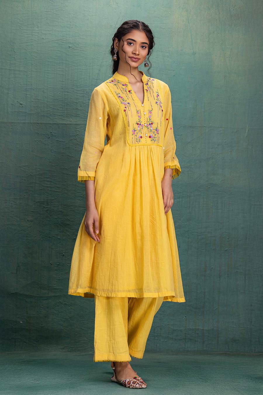 Yellow Cotton Embroidered Kurta & Pant Set
