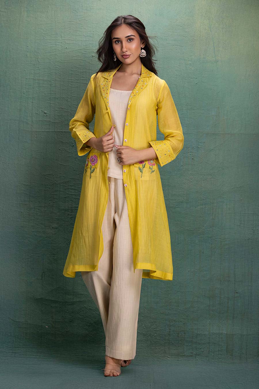 Yellow & Beige Chanderi Embroidered Co-Ord Set (3 Pc)