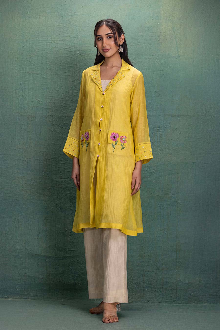 Yellow & Beige Chanderi Embroidered Co-Ord Set (3 Pc)