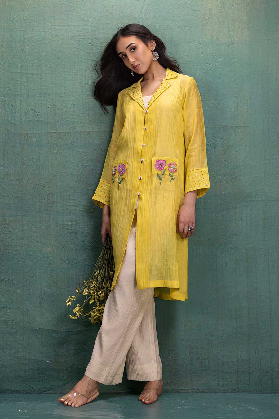 Yellow & Beige Chanderi Embroidered Co-Ord Set (3 Pc)