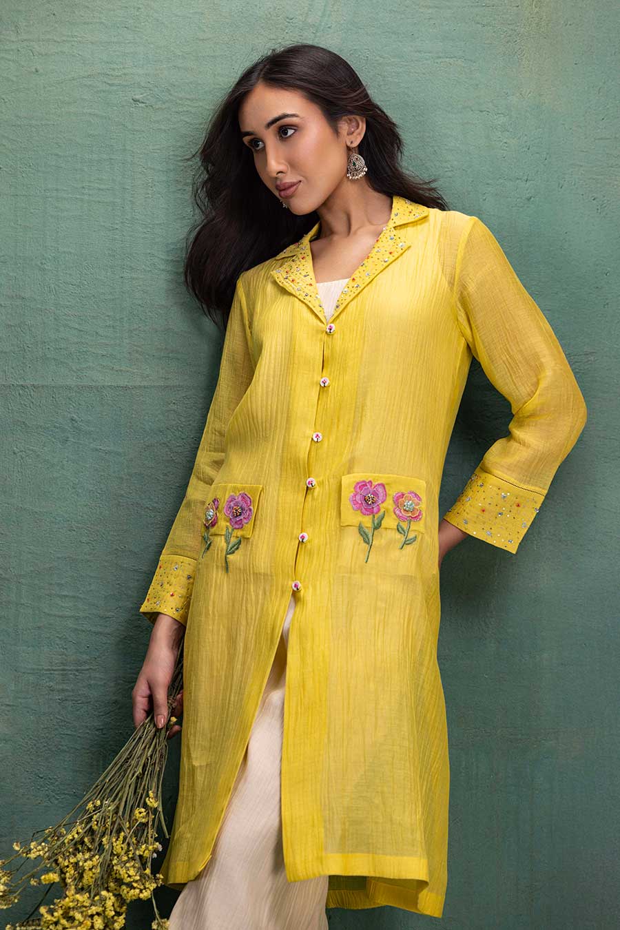 Yellow & Beige Chanderi Embroidered Co-Ord Set (3 Pc)