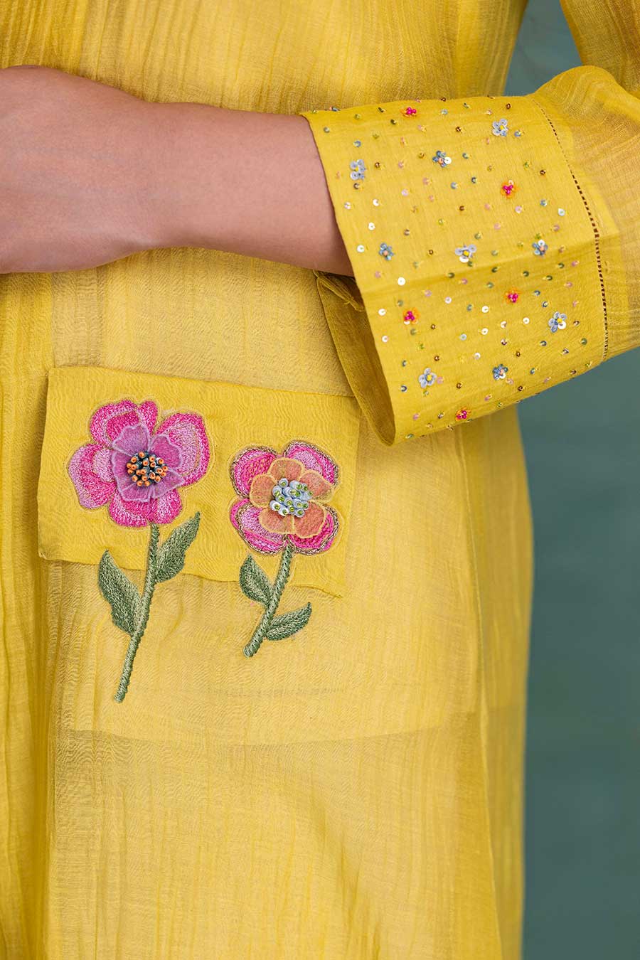 Yellow & Beige Chanderi Embroidered Co-Ord Set (3 Pc)
