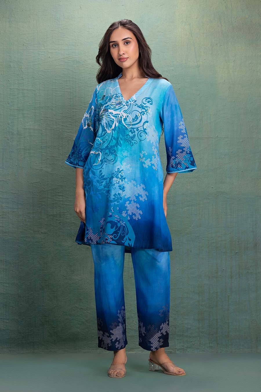 Blue Printed Cotton Silk Embellished Co-Ord Set