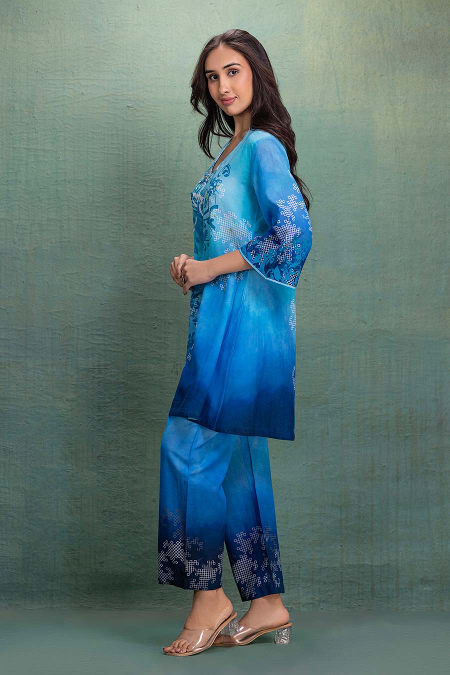 Blue Printed Cotton Silk Embellished Co-Ord Set
