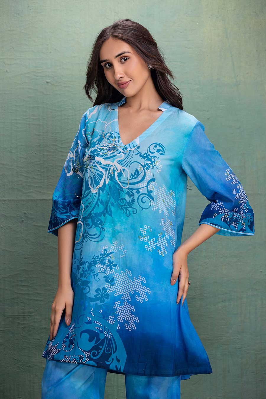 Blue Printed Cotton Silk Embellished Co-Ord Set