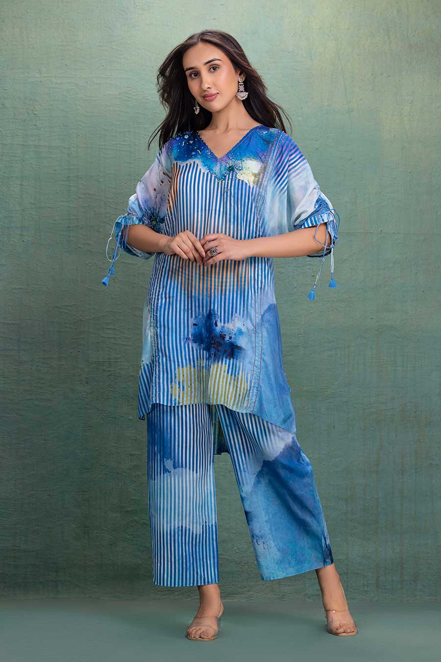 Blue Printed Cotton Silk Embellished Co-Ord Set