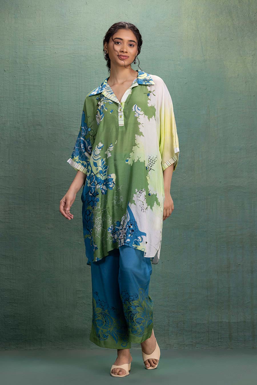 Green & Blue Printed Cotton Silk Embellished Co-Ord Set