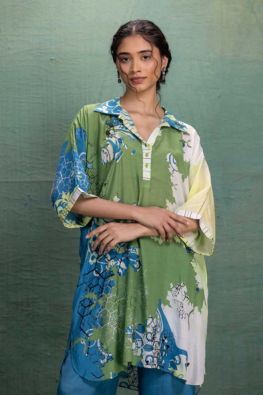 Green & Blue Printed Cotton Silk Embellished Co-Ord Set