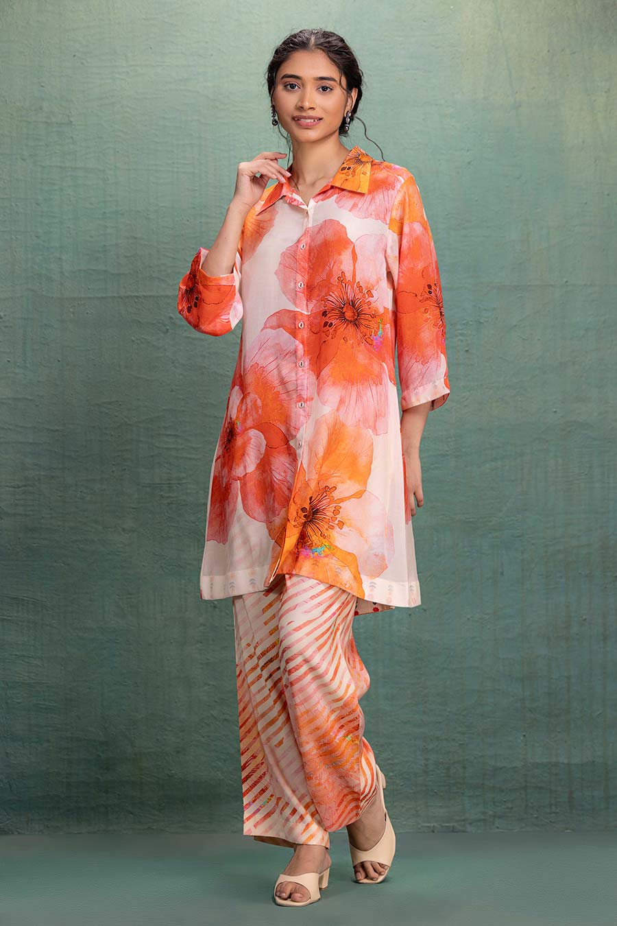 Orange & Beige Printed Co-Ord Set