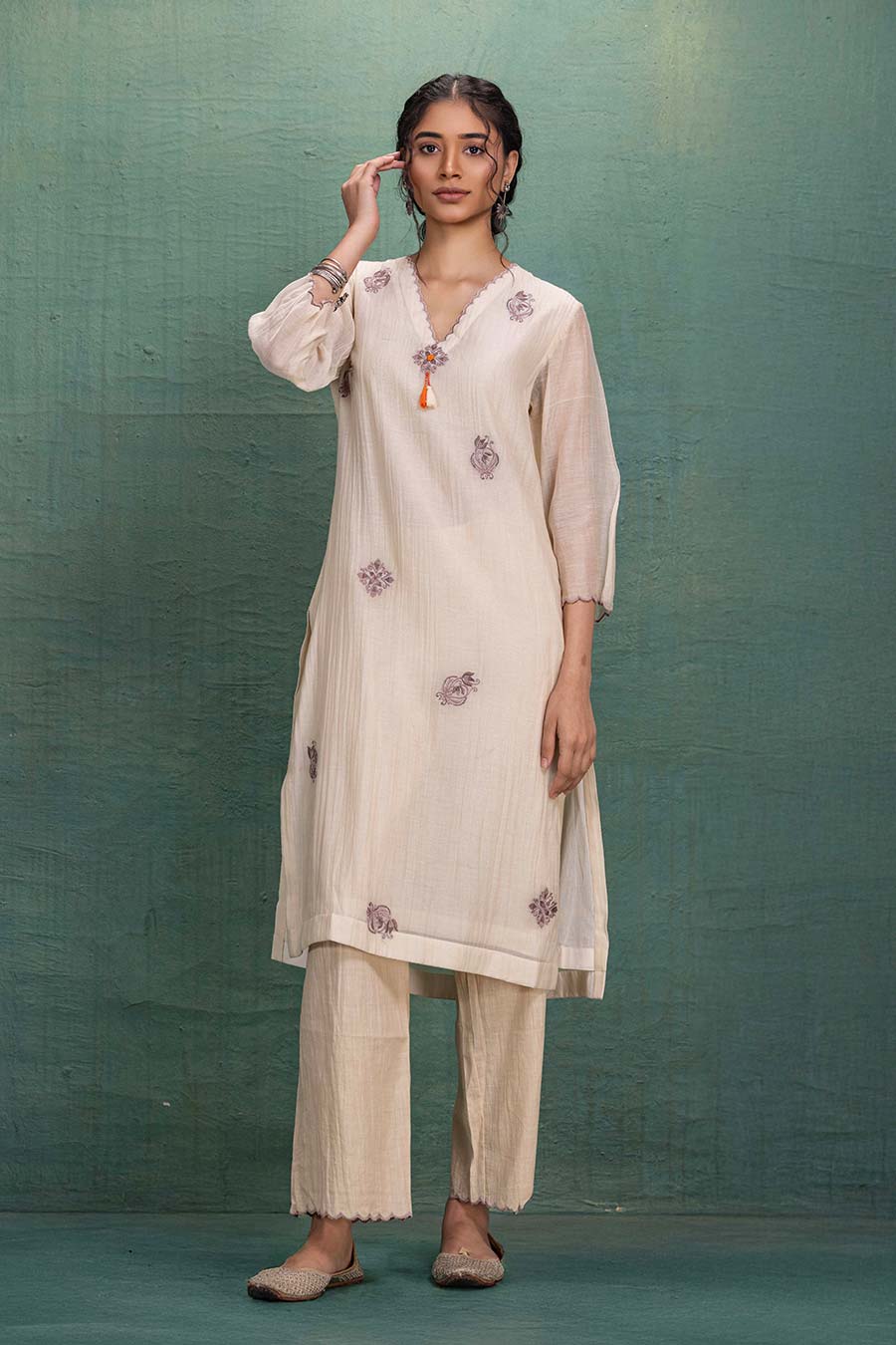 Beige Chanderi Embroidered Kurta & Pant Set