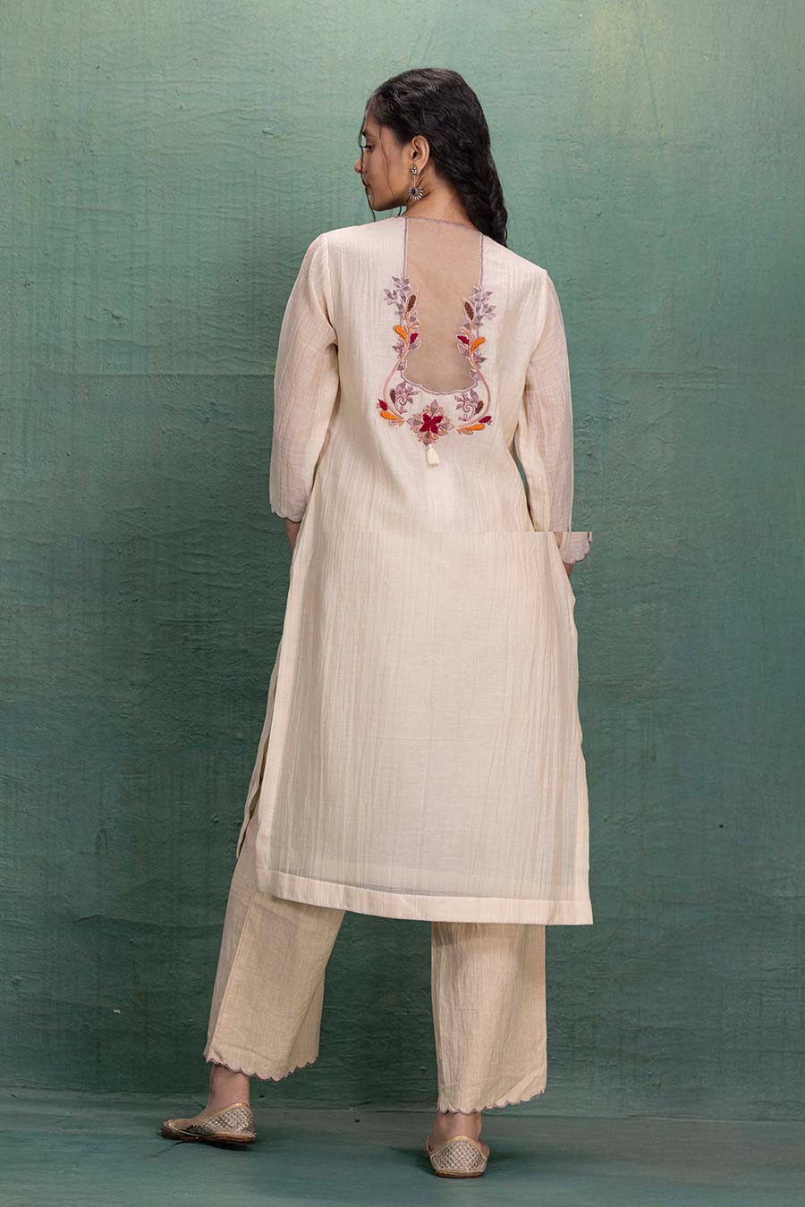 Beige Chanderi Embroidered Kurta & Pant Set