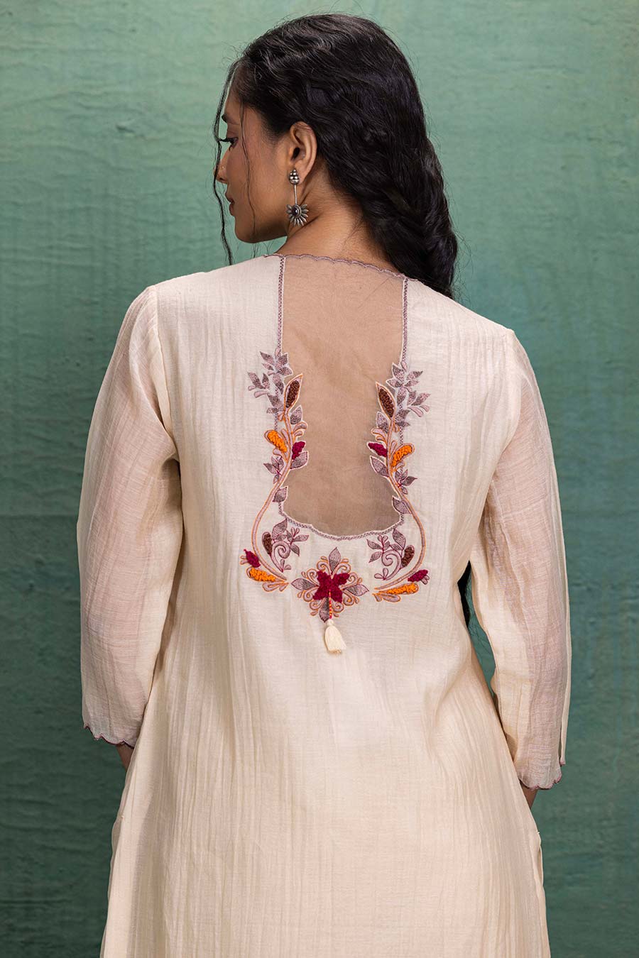 Beige Chanderi Embroidered Kurta & Pant Set