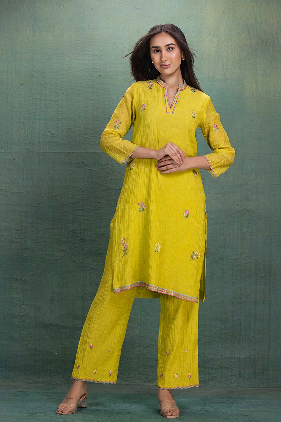Neon Green Chanderi Embroidered Kurta & Pant Set