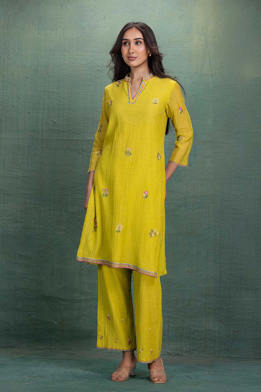 Neon Green Chanderi Embroidered Kurta & Pant Set
