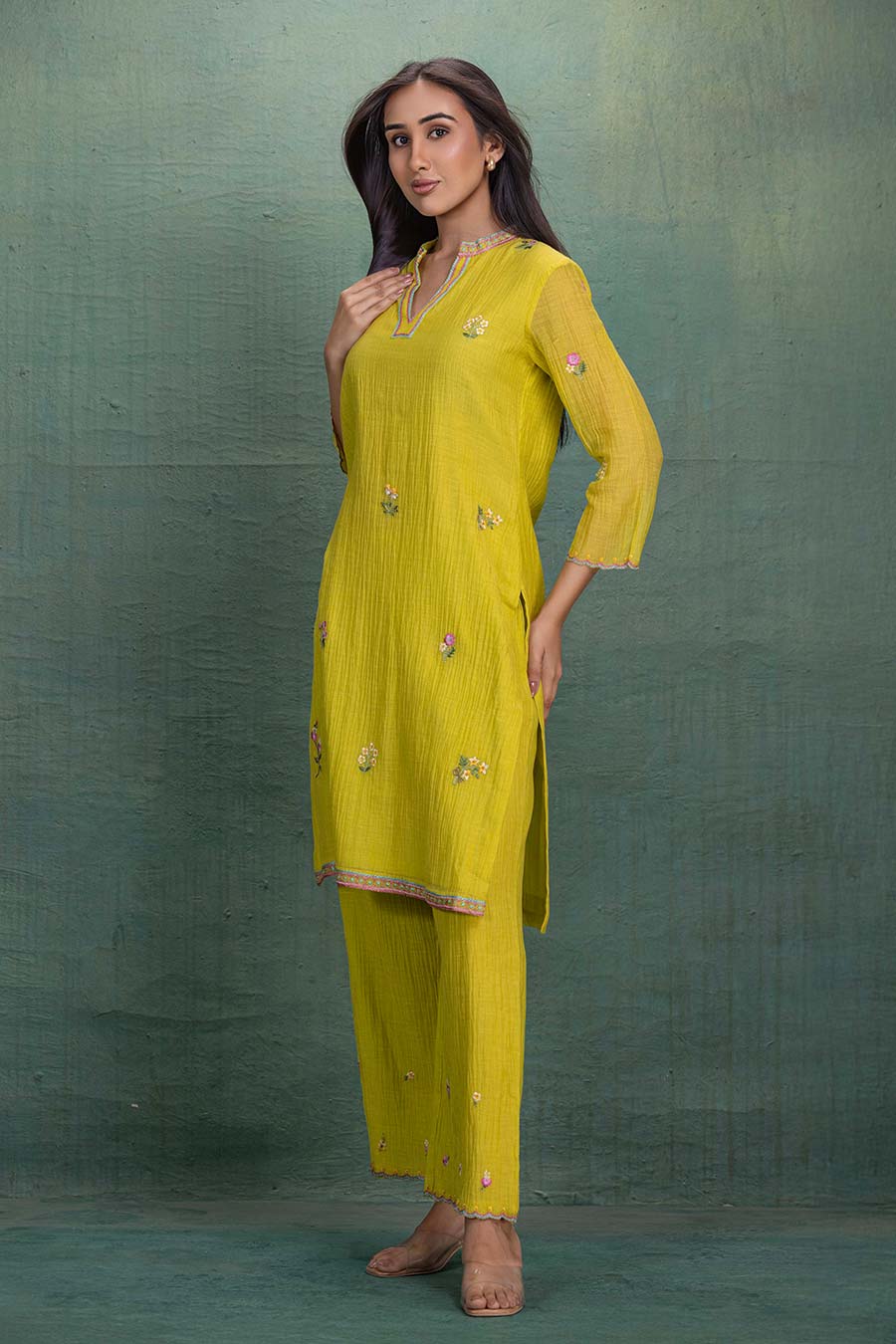 Neon Green Chanderi Embroidered Kurta & Pant Set