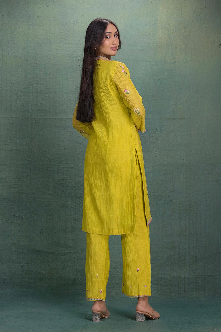 Neon Green Chanderi Embroidered Kurta & Pant Set