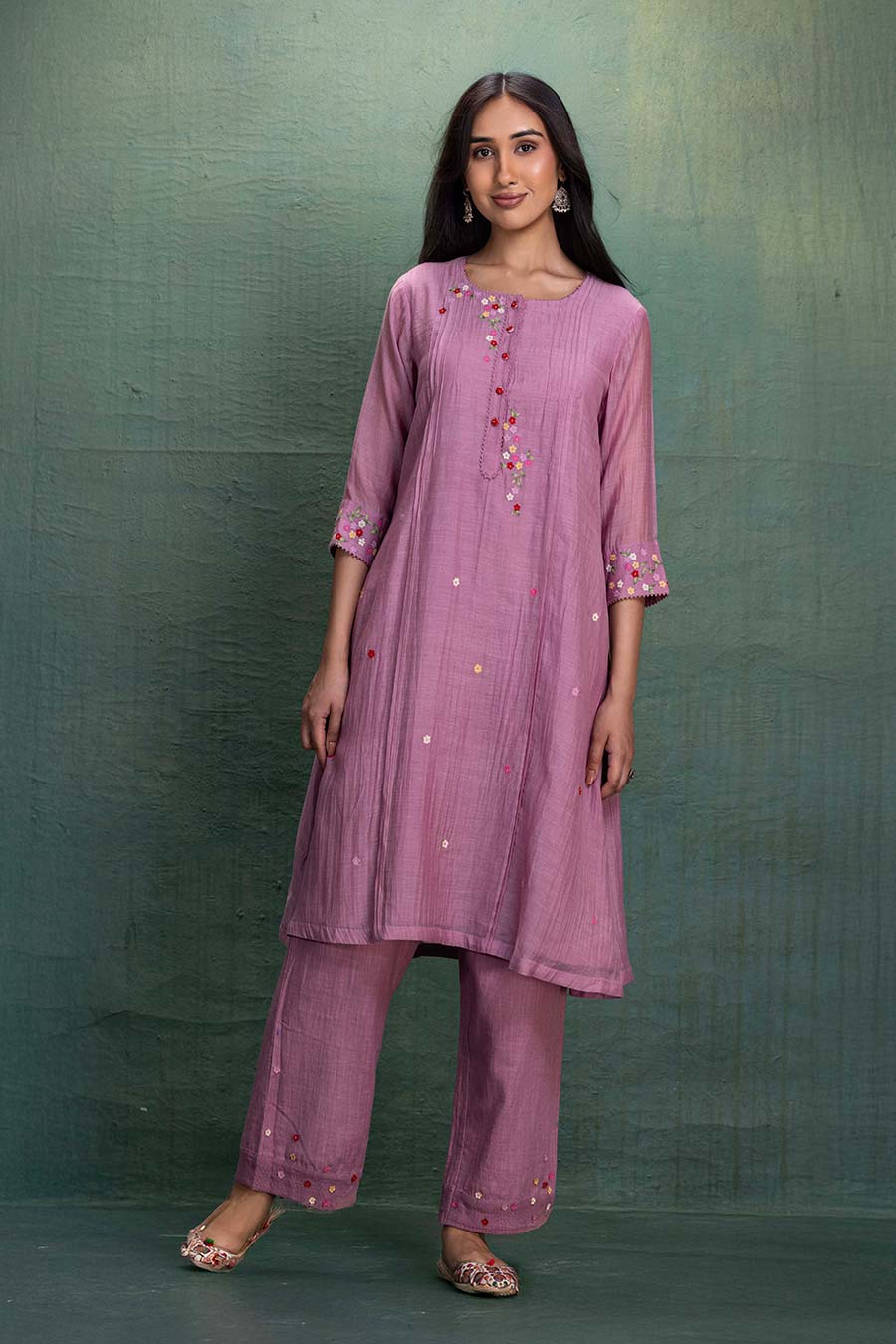 Pink Chanderi Embroidered Pintuck Kurta & Pant Set