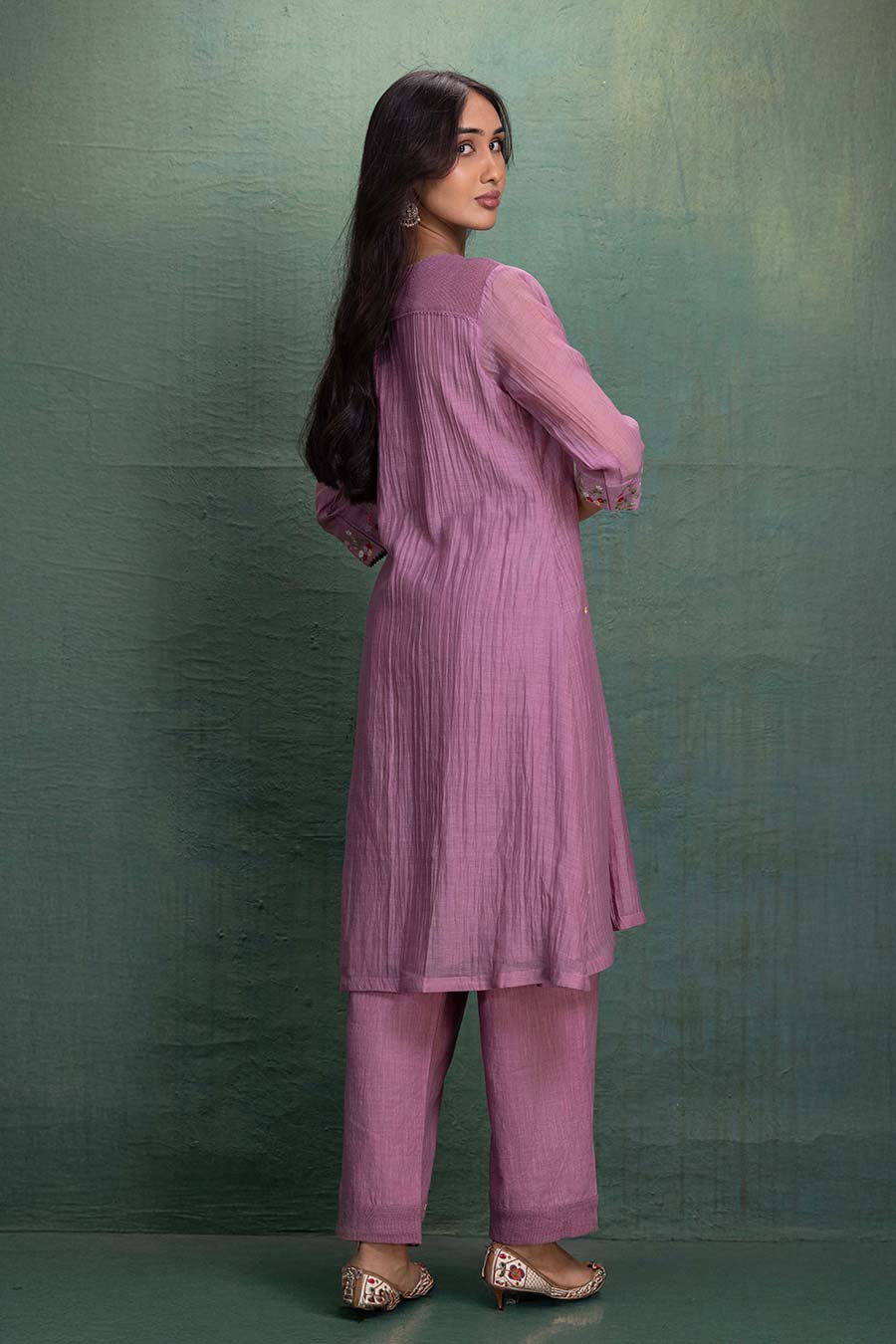 Pink Chanderi Embroidered Pintuck Kurta & Pant Set