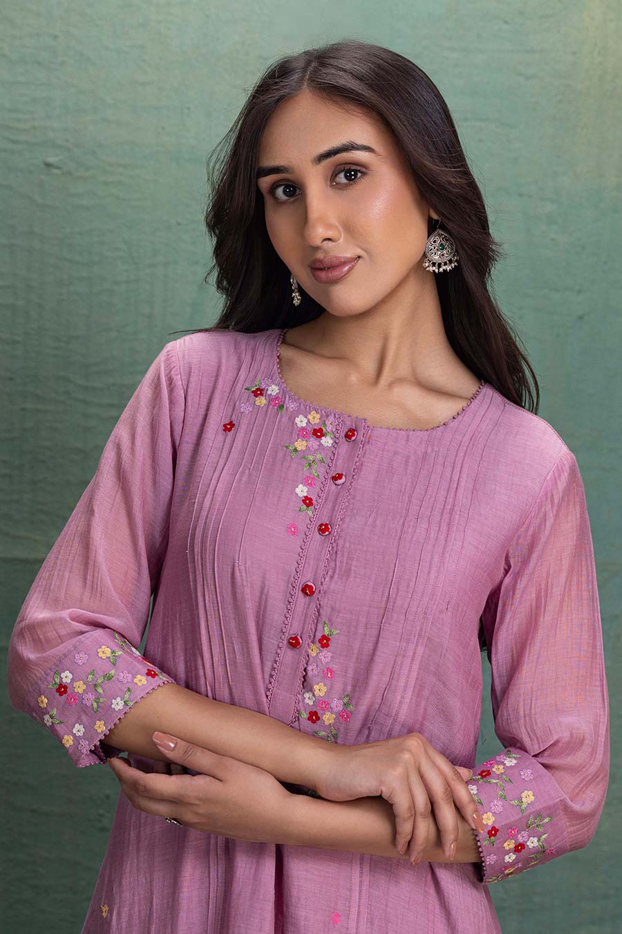 Pink Chanderi Embroidered Pintuck Kurta & Pant Set