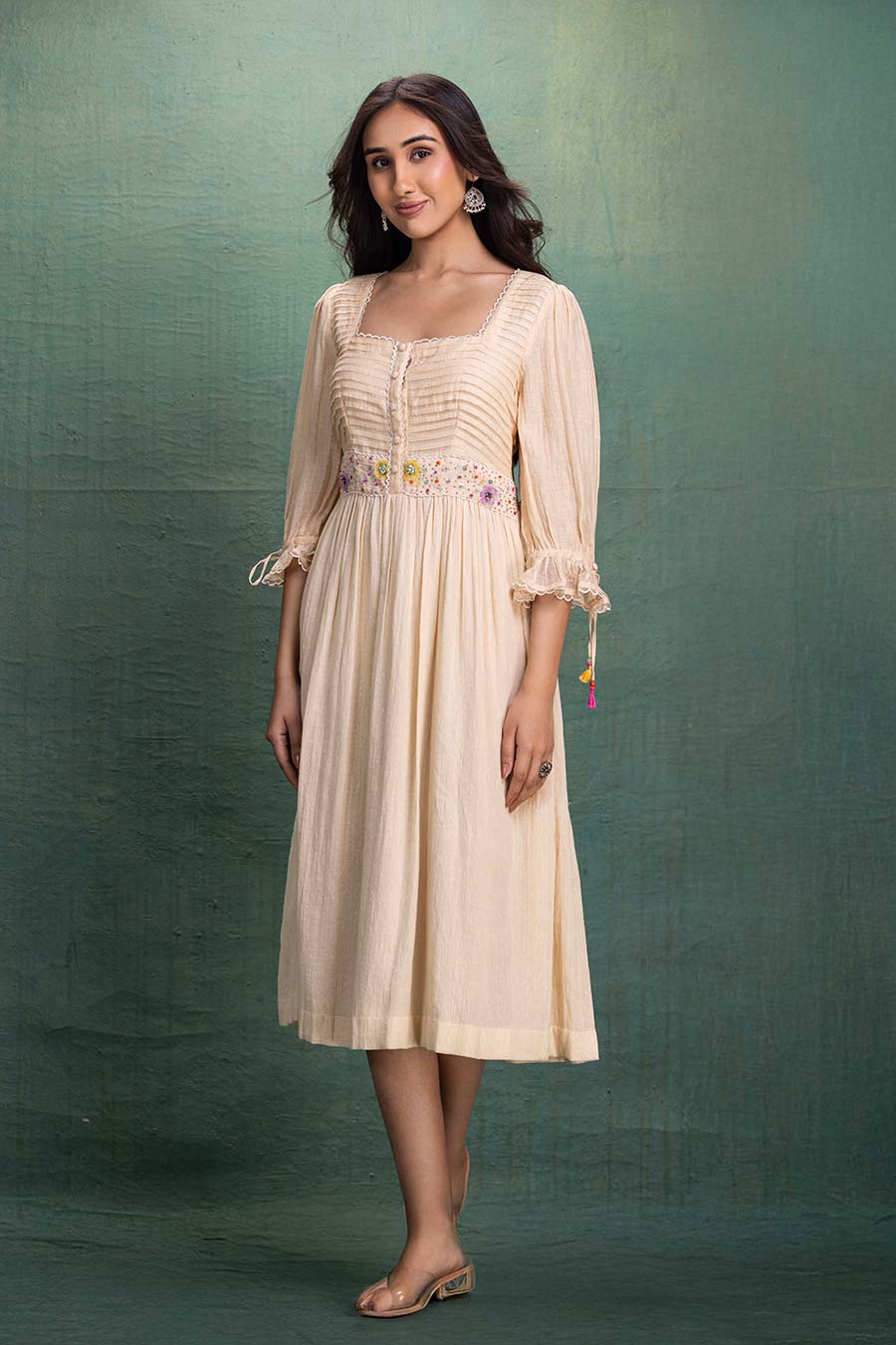 Cream Chanderi Embroidered Midi Dress