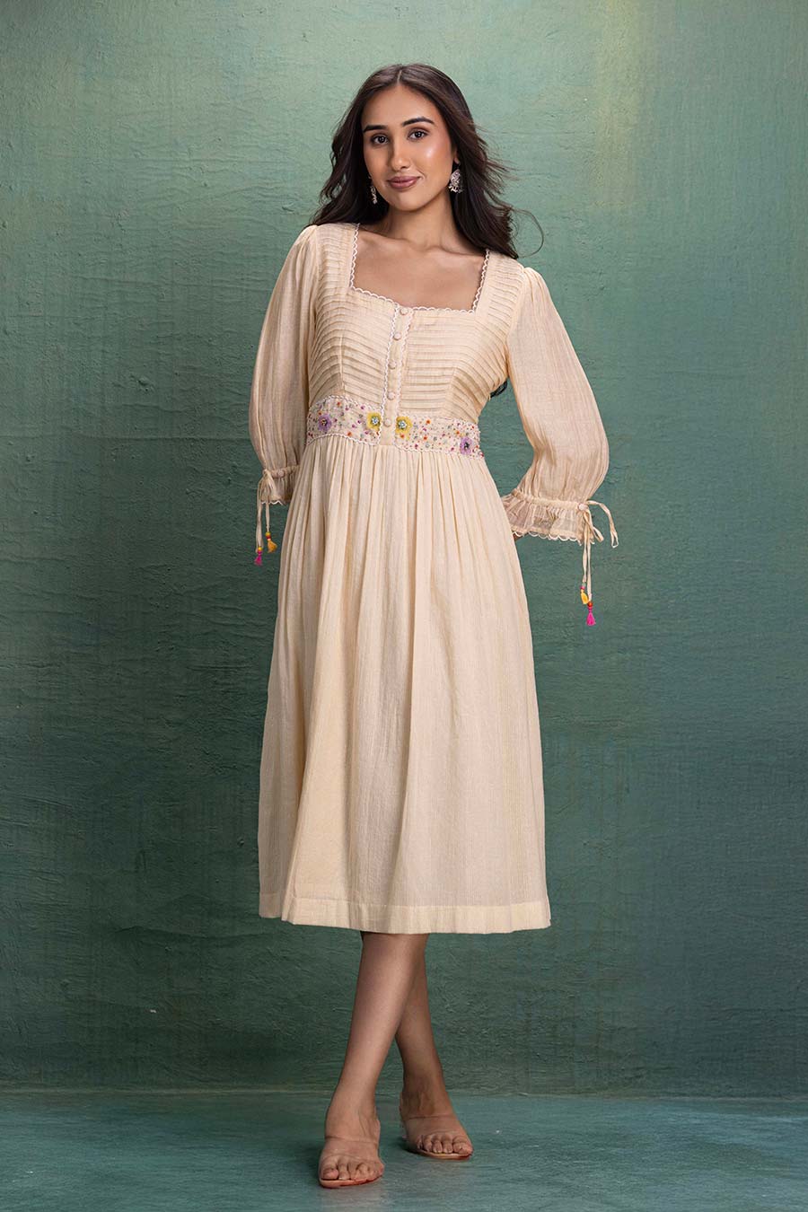 Cream Chanderi Embroidered Midi Dress