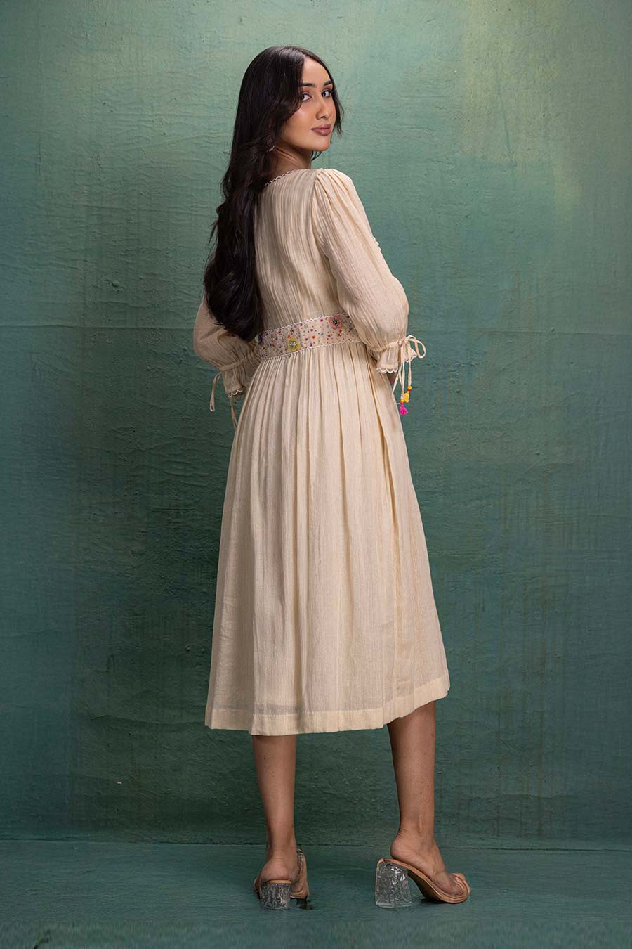 Cream Chanderi Embroidered Midi Dress