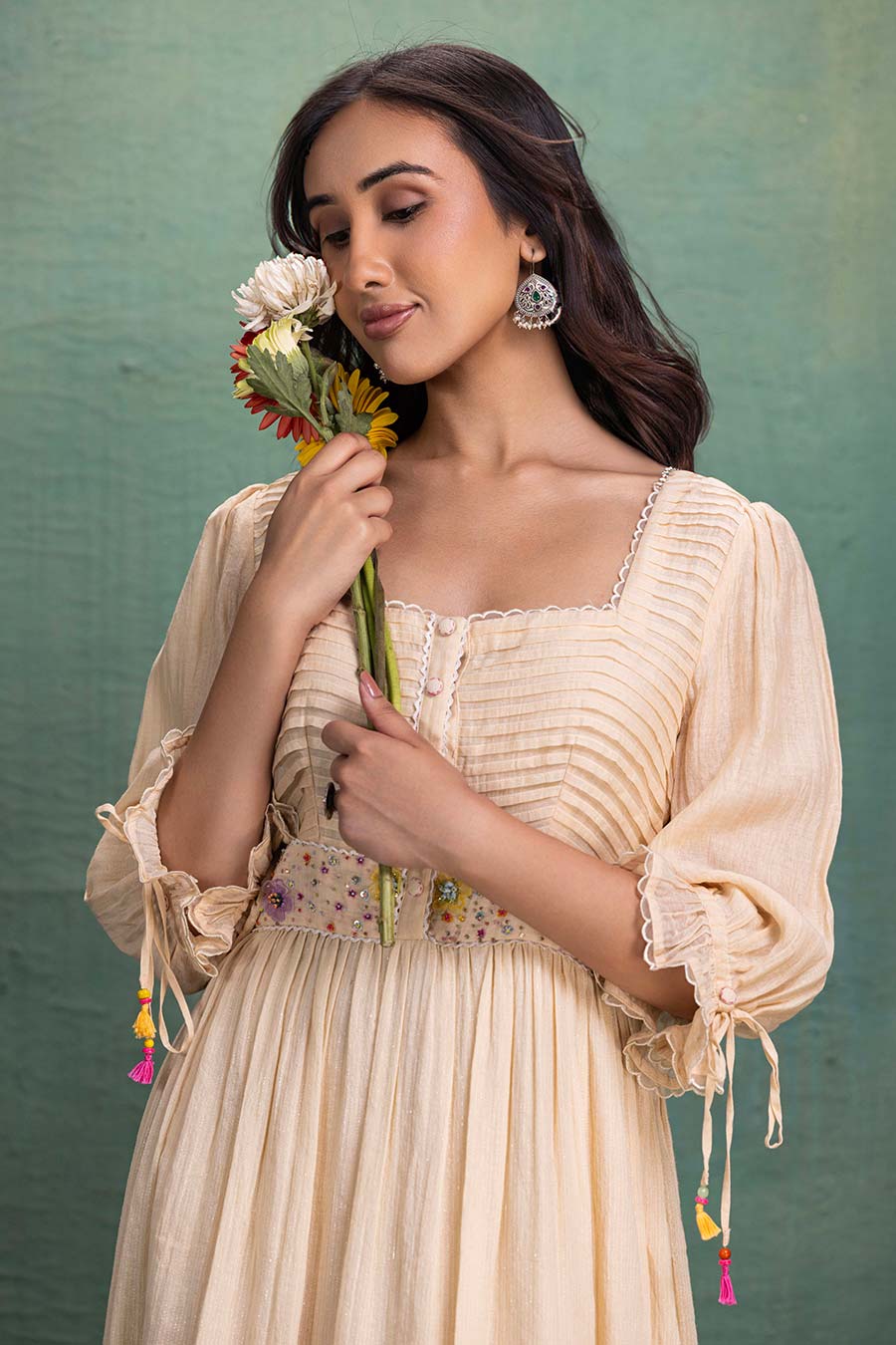 Cream Chanderi Embroidered Midi Dress