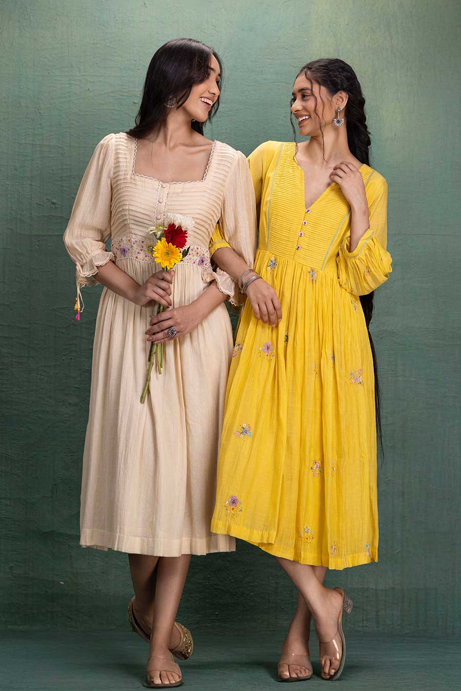 Cream Chanderi Embroidered Midi Dress