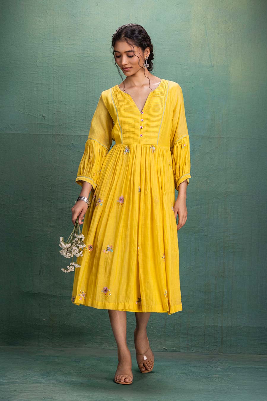 Yellow Chanderi Embroidered Midi Dress
