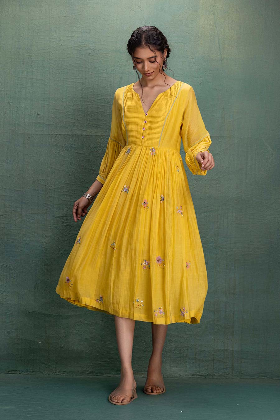 Yellow Chanderi Embroidered Midi Dress