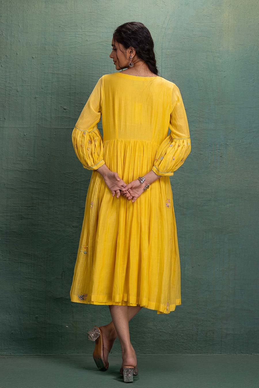 Yellow Chanderi Embroidered Midi Dress
