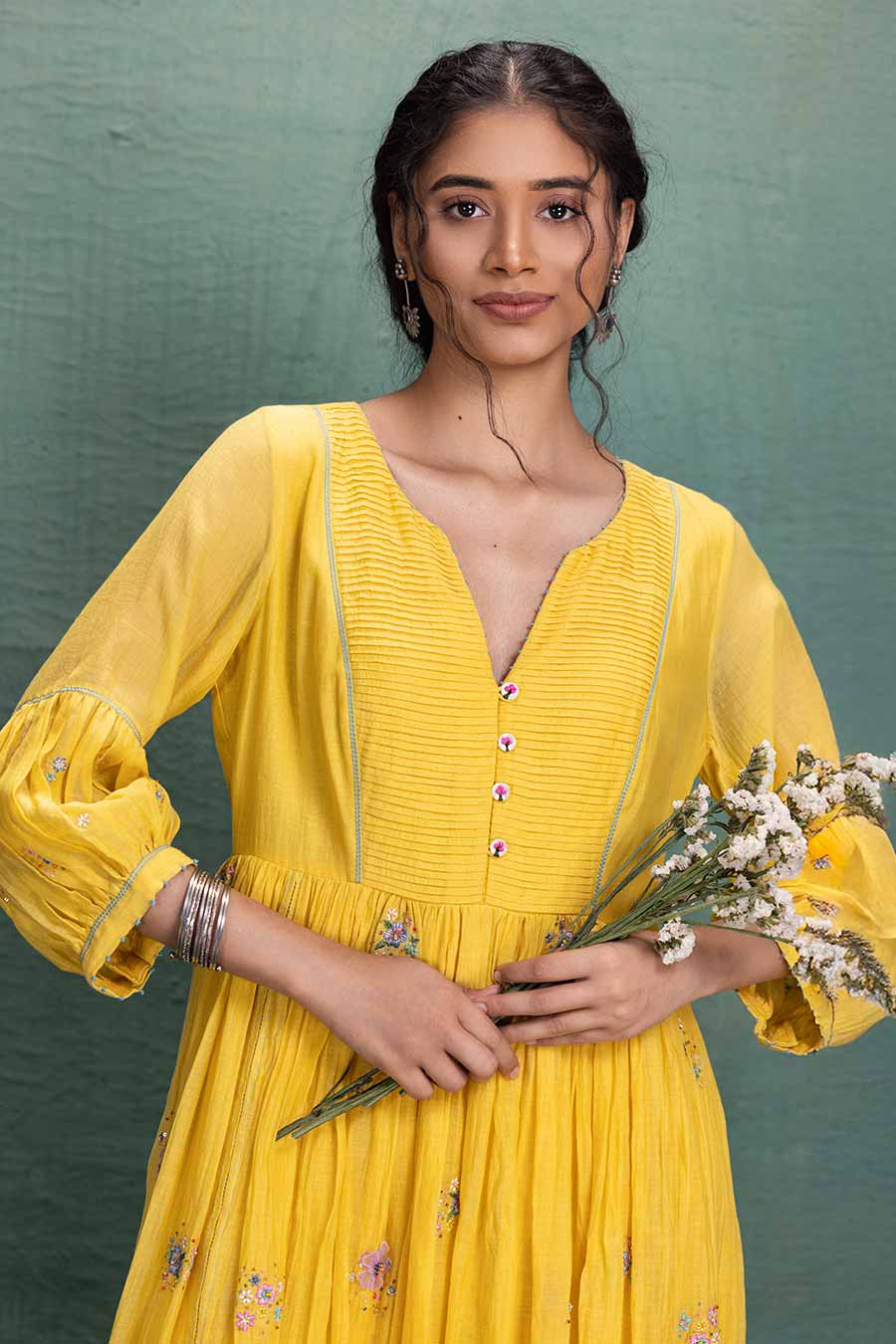 Yellow Chanderi Embroidered Midi Dress