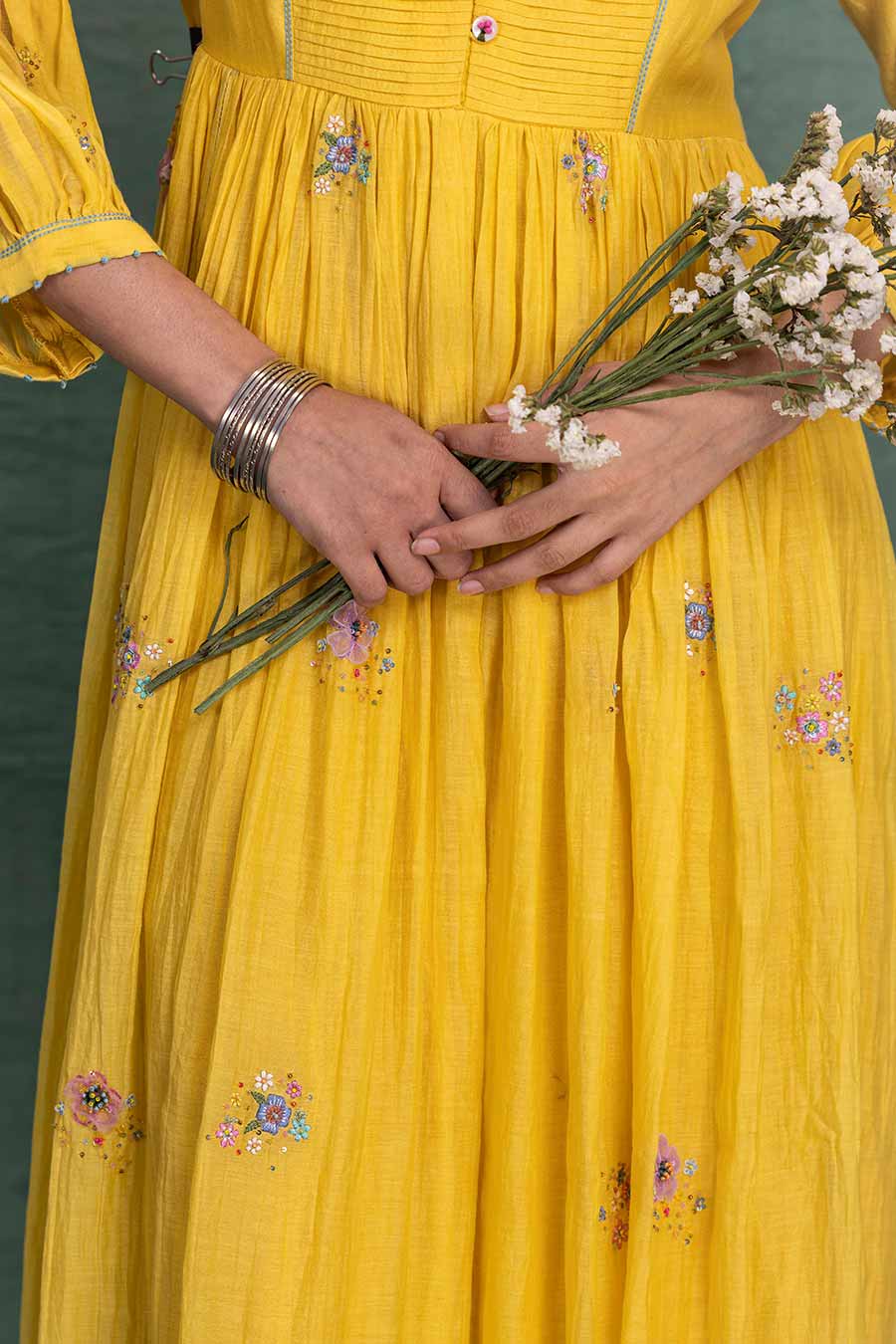 Yellow Chanderi Embroidered Midi Dress