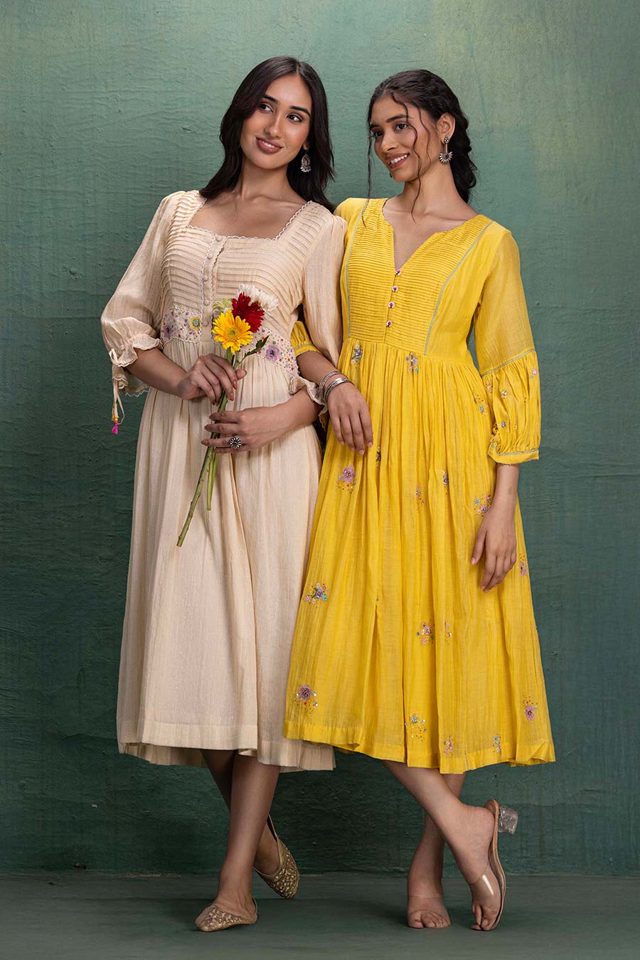 Yellow Chanderi Embroidered Midi Dress