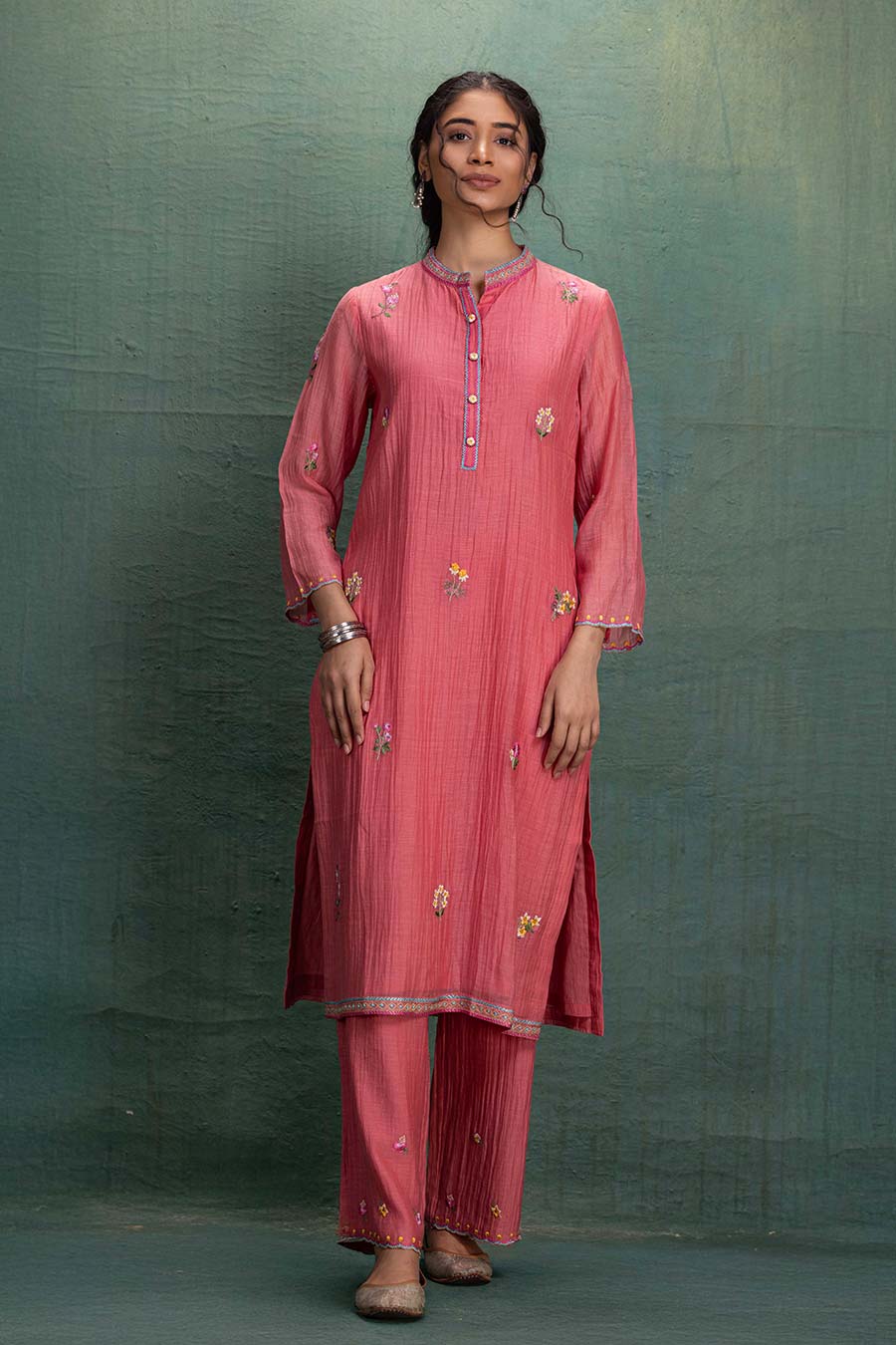 Pink Chanderi Embroidered Kurta & Pant Set