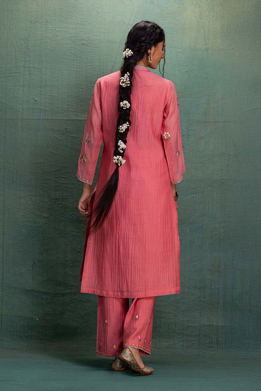Pink Chanderi Embroidered Kurta & Pant Set