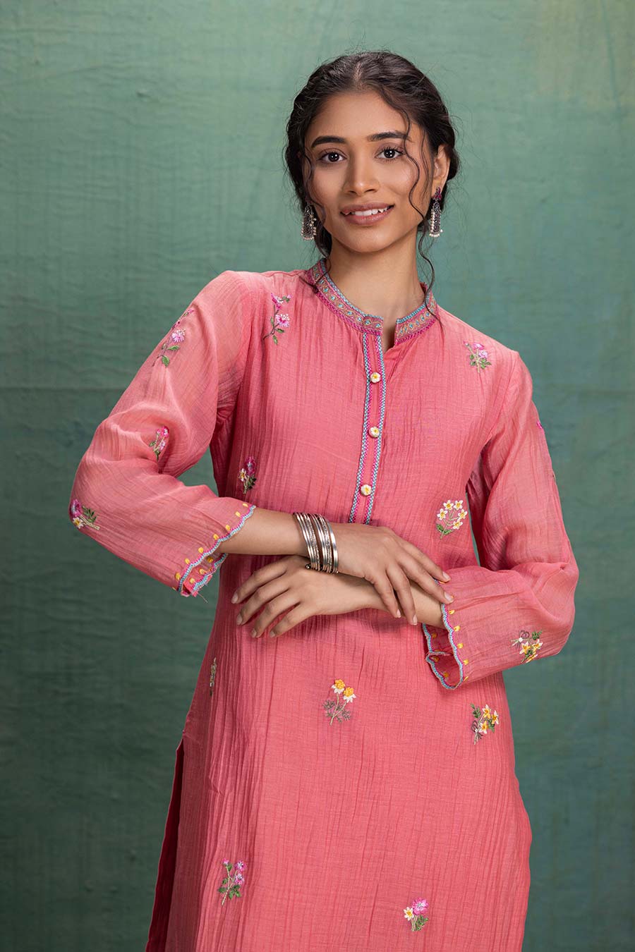 Pink Chanderi Embroidered Kurta & Pant Set
