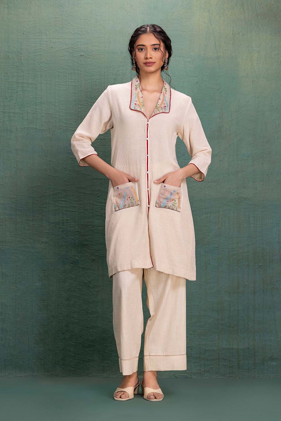 Beige Cotton Mesh Embroidered Co-Ord Set