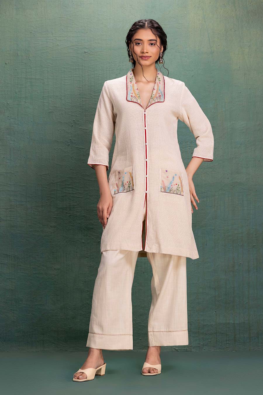Beige Cotton Mesh Embroidered Co-Ord Set