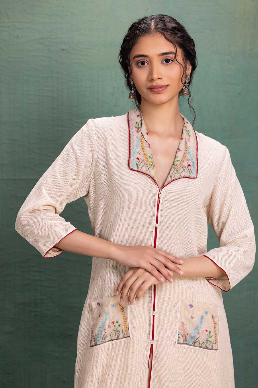 Beige Cotton Mesh Embroidered Co-Ord Set